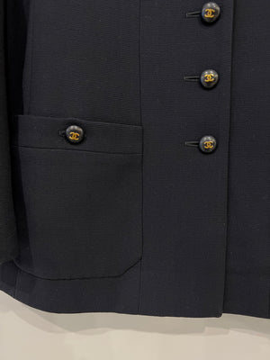 Chanel Vintage Navy Jacket with Black and Gold CC Buttons and Pocket Detail Size FR 38/40 (UK 10/12)