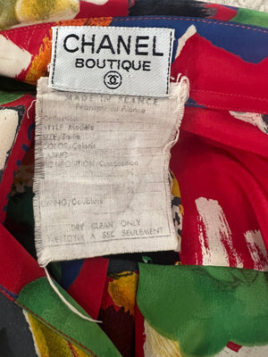 Chanel Vintage 92P Red Mini Shirt Dress with Multi-Colour Camelia and Logo Prints with Black and Gold CC Logo Buttons Details Size FR 38/40 (UK 10/12)
