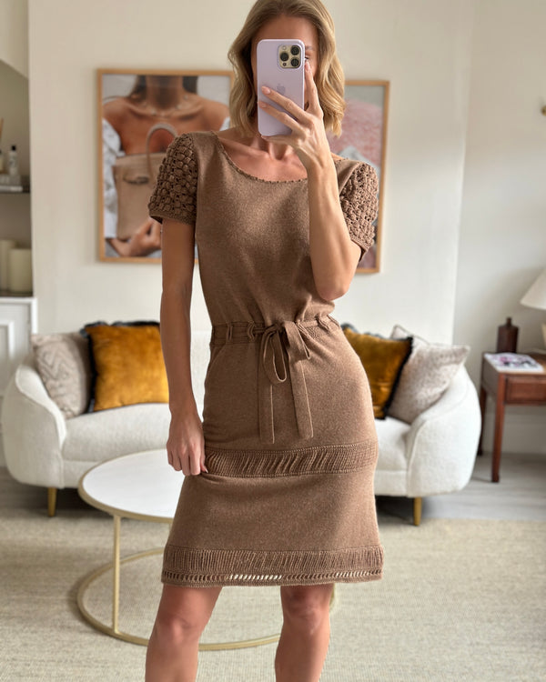 Philosophy Brown Short-Sleeve Knitted Mini Dress with Belt Size UK 8