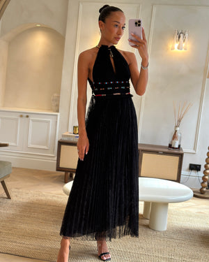 Valentino Black Lace Sleeveless Midi Dress with Gold Neck Detail and Red and Blue Beaded Waist Size IT 36 (UK 4)