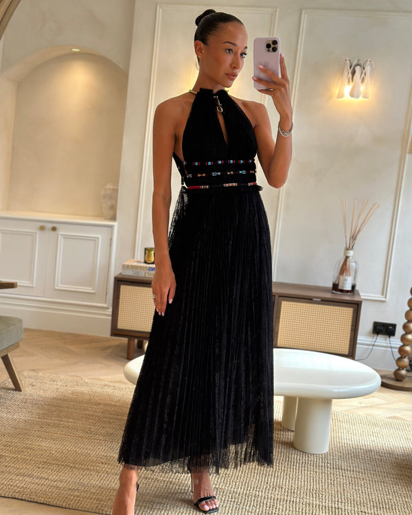 Valentino Black Lace Sleeveless Midi Dress with Gold Neck Detail and Red and Blue Beaded Waist Size IT 36 (UK 4)