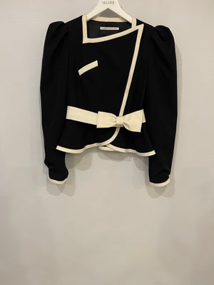 Alessandra Rich Black Wool Peplum Jacket with Removable White Bow Detail Size IT 38 (UK 6) RRP £1,020
