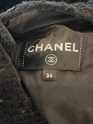 Chanel Black Velours Mini Dress with Black Tweed and Sequins Neckline Detail with Gold CC Logo Buttons Size FR 34 (UK 6)