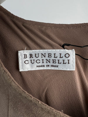Brunello Cucinelli Nude Suede Short Sleeve Panelled Top with Zip Detail IT 42 (UK 10)