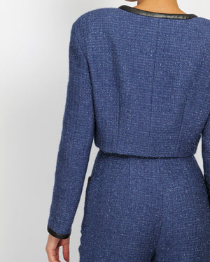 Chanel Cruise 2019 Blue Tweed Cropped Jacket and Trousers Set with CC Logo Buttons and Black Leather Trims Size FR 36/38 (UK 8/10)