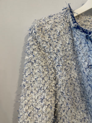 Chanel SS18 White and Blue Fantasy Tweed Jacket with Silver CC Logo Button Detail Size FR 38 (UK 10) RRP £5,100