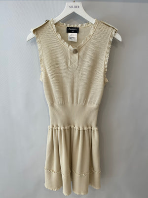 Chanel Cream Knit Sleeveless Mini Dress with Gold CC Logo Detail Size FR 38 (UK 10)