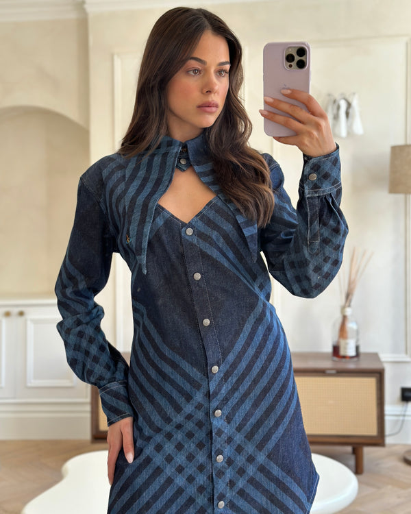 Vivienne Westwood Denim Gingham Printed Long Sleeve Shirt Dress With Exaggerated Collar Size 42 (UK 10)
