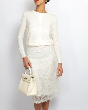 Ermanno Scervino White Wool and Lace Cardigan and Skirt Set with Sequin Embellishments Size IT 38 (UK 6)