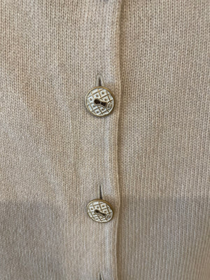 Chanel Beige Cashmere Cardigan with Gold and White Keyhole CC Buttons Size FR 36 (UK 8)