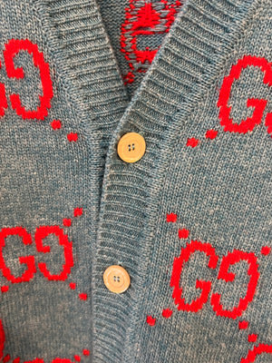 Gucci Blue and Red Wool GG Monogram Cardigan with Mother of Pearl Buttons Size L (UK 12/14) RRP £1,300