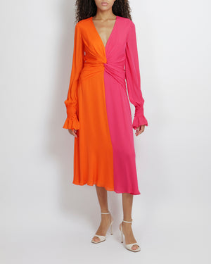 Carolina Herrera Hot Pink and Orange Silk Midi Dress with Front Knot Detail and Pleated Sleeves Size US 2 (UK 6) RRP £2,500
