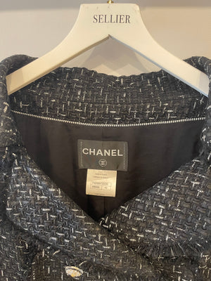 Chanel Paris Versailles Black Tweed All-Over Logo Ribbon Jacket with Silver Embellished Buttons Size FR 42 (UK 14)
