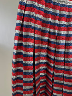 Gucci Metallic Red, Navy, Silver Stripe Pleated Midi Skirt Size IT 42 (UK 10)