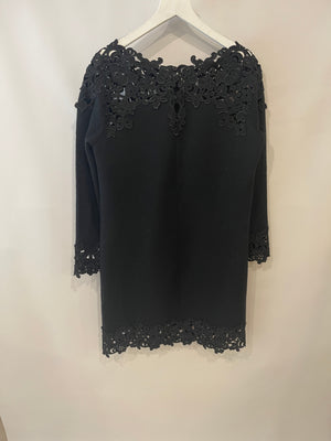 Ermanno Scervino Black Cashmere Long-Sleeve Dress with Crochet Details Size IT 42 (UK 10)