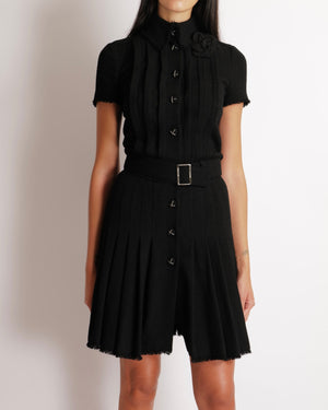 Chanel Black Wool Belted Short-Sleeved Mini Dress with Black and Silver CC Logo Buttons and Frayed Trims Detail Size FR 34 (UK 6)