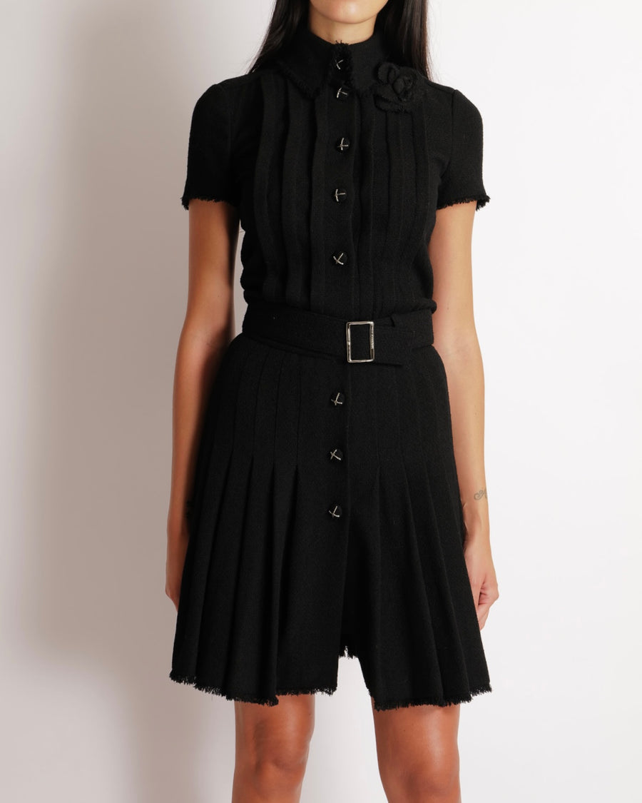 Chanel Black Wool Belted Short-Sleeved Mini Dress with Black and Silver CC Logo Buttons and Frayed Trims Detail Size FR 34 (UK 6)