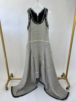 Roksanda Tweed Black, White with Yellow Detail Sleeveless Draped Maxi Dress Size UK 10