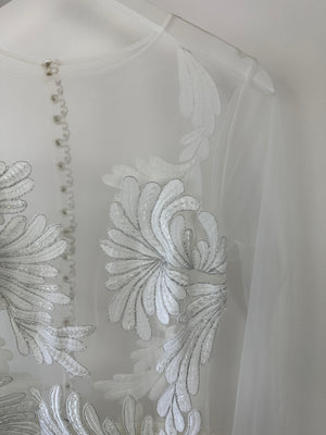 Nadine Merabi White Long Sleeve Gown Dress with Mesh Embellishments Size (UK 12)
