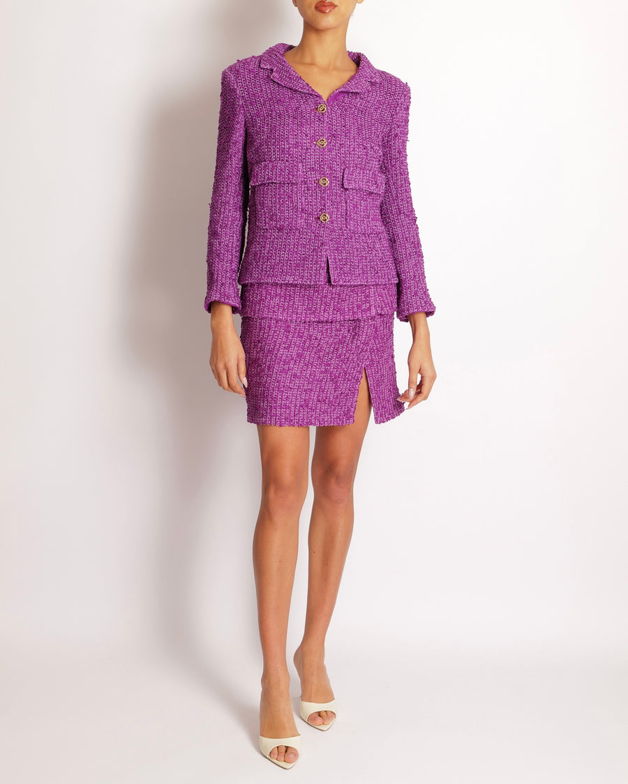 Chanel Cruise 2021 Purple Tweed Jacket and Mini Skirt Set with Gold Glitter CC Button Details Size FR 34/36 (UK 6/8)