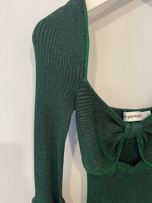Self-Portrait Green Metallic Bow-Detailed Midi Dress Size S (UK 8) RRP £700