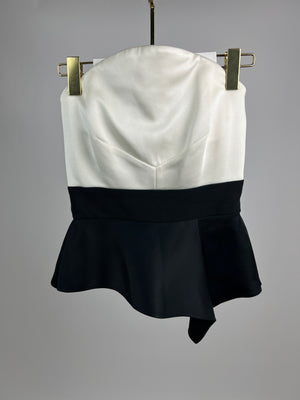Roland Mouret Cream and Black Satin Peplum Strapless Top with Zip Back Size UK 10