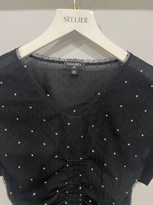 Chanel La Pausa Cruise 2019 Black Tulle Polka Dot Top and Trousers Set with Crystals and Satin Details Size FR 34 (UK 6)