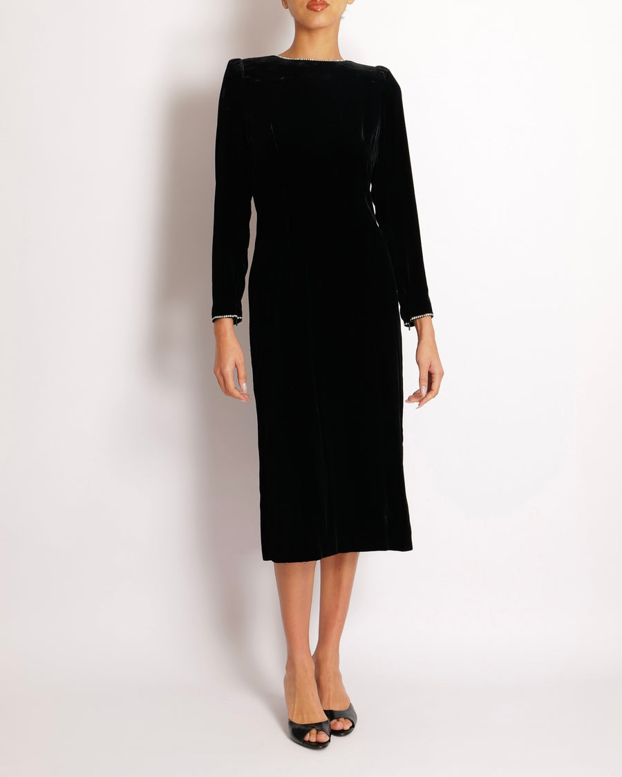 Gucci Black Velours Midi Dress with Bow Detail and Crystal Embellished Trims Size IT 38 (UK 6)