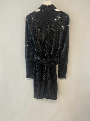 Tom Ford Black Sequin Embellished Mini Dress with Cut Outs and Draped Belt Detail Size IT 38 (UK 6)