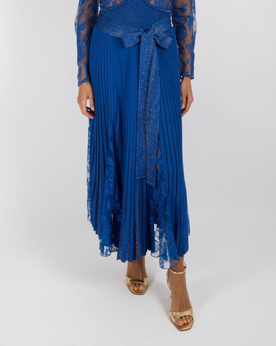 Elie Saab Blue Metallic Bodysuit and Skirt Set with Lace Details and Gold Buttons Size FR 40 (UK 12)
