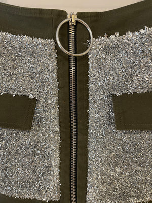Balmain Silver Sequin and Khaki Mini Skirt with Zip Detail Size FR 34 (UK 6)