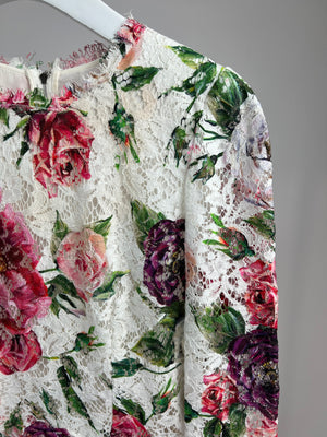 Dolce & Gabbana White, Pink Floral Lace Long-Sleeve Midi Dress IT 42 (UK 10)