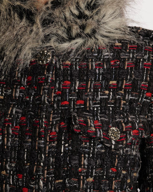 Chanel Fall 2010 Black, Grey and Red Tweed Jacket with Grey Faux Fur Sleeves and Trims and Black and Silver CC Logo Buttons Size FR 38 (UK 10)