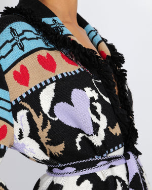 Hayley Menzies Black and Multi-Colour Wool Knitted Belted Cardigan and Midi Skirt Set with Horse, Flower and Heart Designs and Fringed Trims Detail Size S/L (UK 8/12)