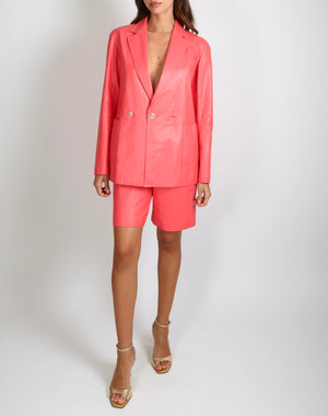 Chanel 21 Cruise Pink Calfskin Leather Blazer Jacket with Gold CC Logo Buttons Size FR 38 (UK 10)