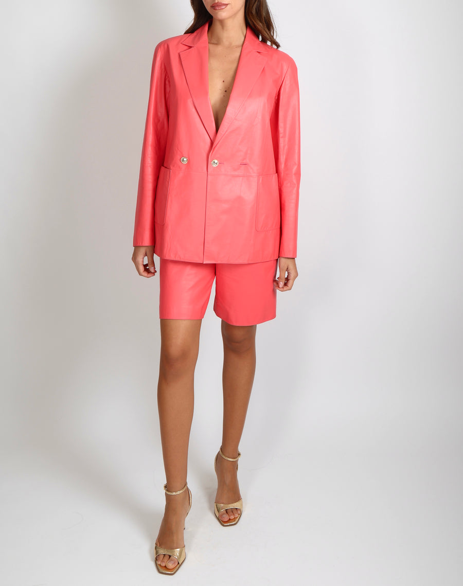 Chanel 21 Cruise Pink Calfskin Leather Blazer Jacket with Gold CC Logo Buttons Size FR 38 (UK 10)