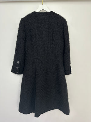Chanel Black Tweed 3/4 Sleeve Dress with Covered Pockets and Black and Gunmetal CC Logo Button Details FR 36 (UK 8)