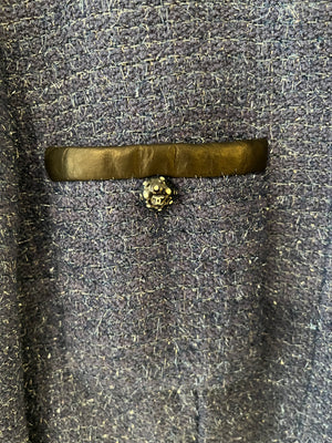 Chanel Cruise 2019 Blue Tweed Cropped Jacket and Trousers Set with CC Logo Buttons and Black Leather Trims Size FR 36/38 (UK 8/10)