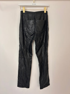 Chanel Black Skinny Pleated Leather Trousers with CC Weaved Button Detail Size UK 4-6