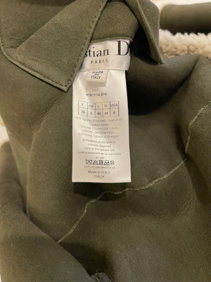 Christian Dior Khaki Shearling Coat with Embroidered Logo Size FR 36 (UK 8)