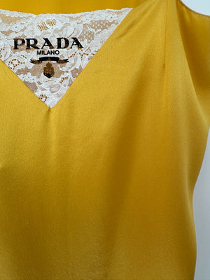 Prada Yellow Satin Mini Slip Dress with White Lace Insert and Black Prada Logo Size IT 38 (UK 6)