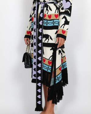 Hayley Menzies Black and Multi-Colour Wool Knitted Belted Cardigan and Midi Skirt Set with Horse, Flower and Heart Designs and Fringed Trims Detail Size S/L (UK 8/12)