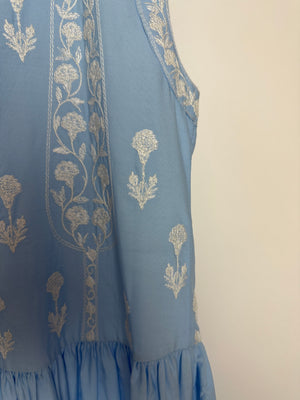 Giambattista Valli Light Blue and White Floral Embroidered Tiered Midi Dress with White Button Details Size IT 38 (UK 6)
