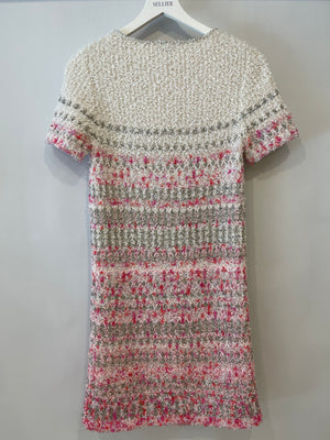 Chanel 2018 Waterfall Collection White, Pink and Silver Short Sleeve Tweed Midi Dress with Size FR 34 (UK 6)