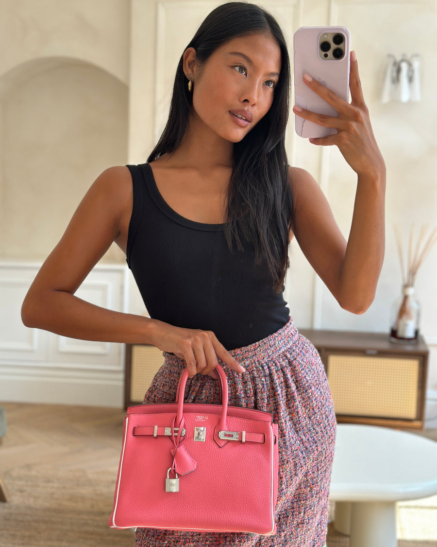 *RARE* Hermès HSS Birkin 25 Retourne Bag in Rose D'Ete and White Clemence Leather with Palladium Hardware