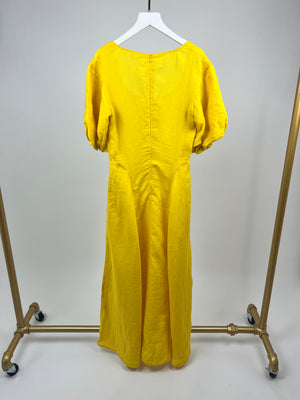 Three Graces Yellow Linen Puff Sleeve Maxi Dress Size UK 6
