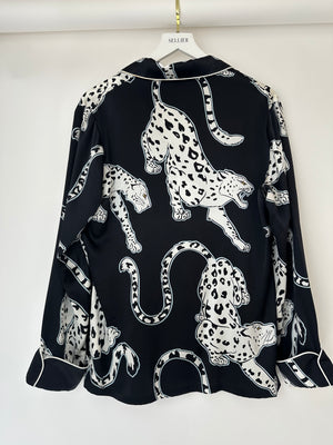 Olivia Von Halle Black & White Leopard Pattern Two-Piece Shirt and Trouser Set Size M (UK 10)