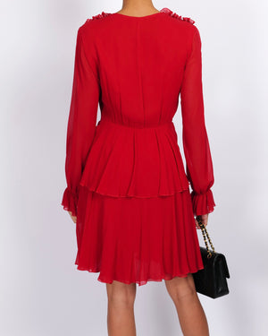 Giambattista Valli Red Silk Long-Sleeved Mini Dress with Ruffle Details Size IT 42 (UK 10)