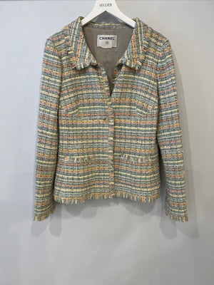Chanel Vintage Pastel Blue and Multicolour Tweed Jacket with Gold Transparent CC Logo Buttons Size FR 40 (UK 12)