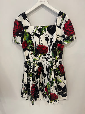 Dolce & Gabbana White and Black Rose Printed Mini Dress Size IT 44 (UK 12)